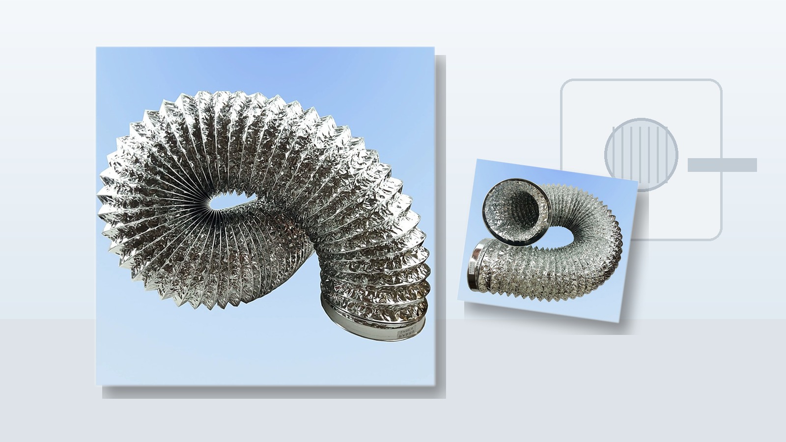 Aluminum foil exhaust hose shown for dryer vent and exhaust routing