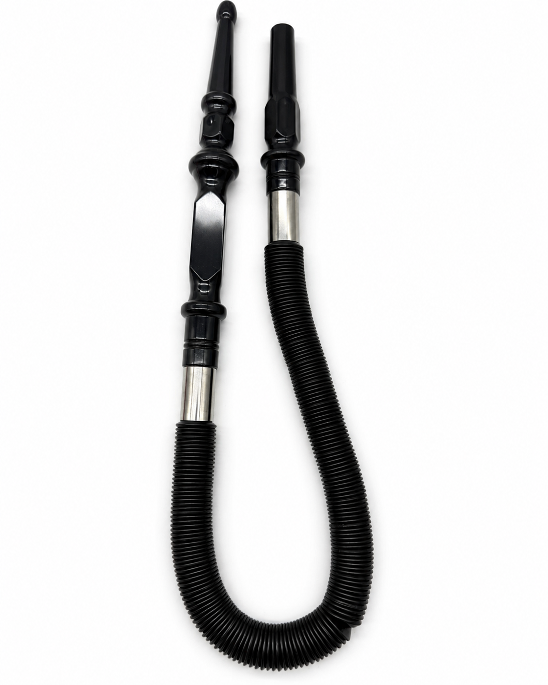 Black disposable hookah hose with acrylic-style mouthpiece and metal sleeve