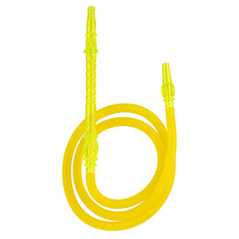 Yellow disposable hookah hose full product view with corrugated plastic tube and decorative handle
