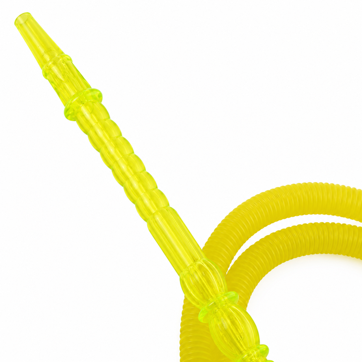 Close-up of the long decorative handle on the yellow disposable hookah hose