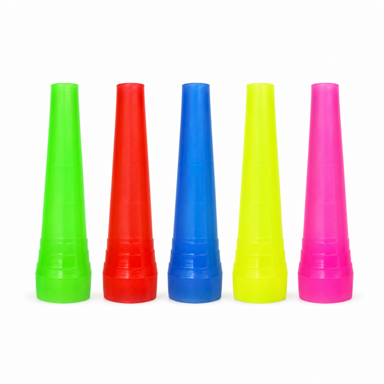 Color lineup of disposable hookah mouth tips in green red blue yellow and pink