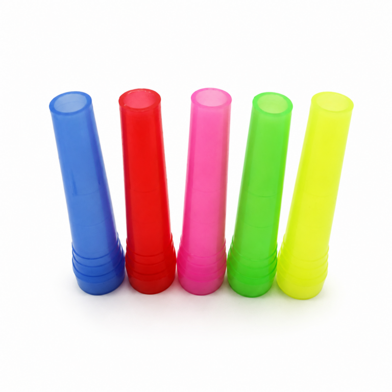Upright group display of disposable hookah mouth tips in assorted colors