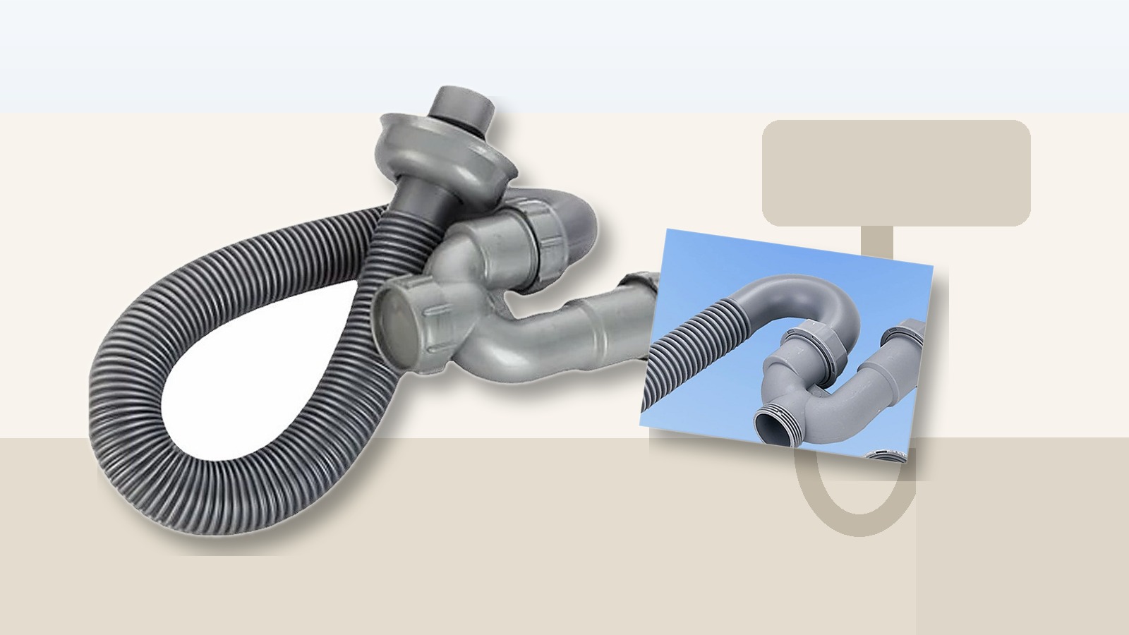 Flexible sink odor trap drain hose shown for under-sink drainage routing