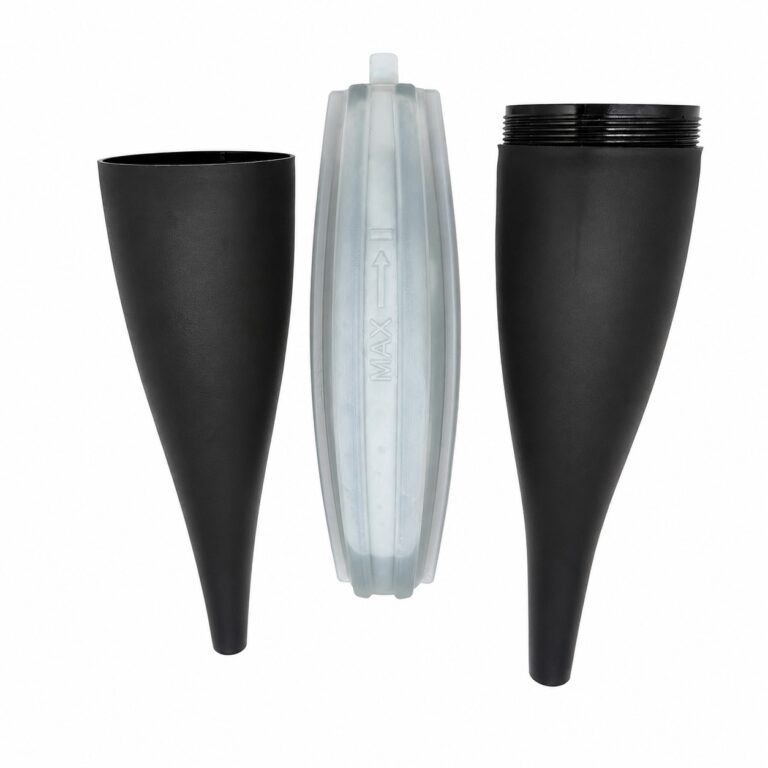 Disassembled ice bazooka with two black shell parts and removable cooling cartridge