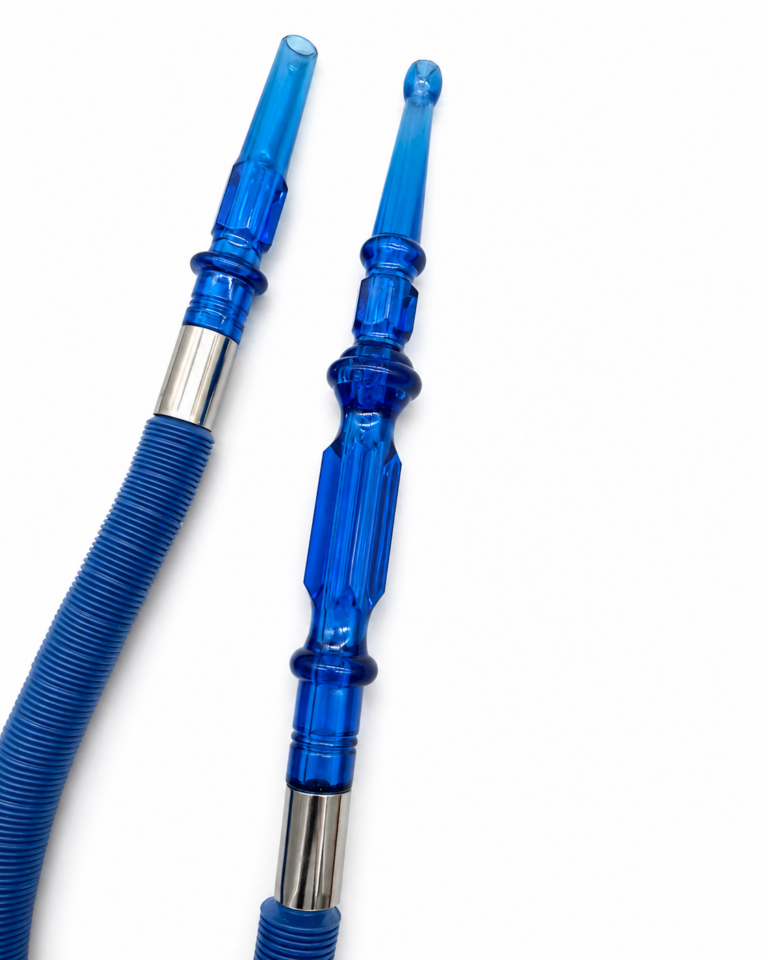 Blue disposable hookah hose detail with acrylic-style mouthpiece