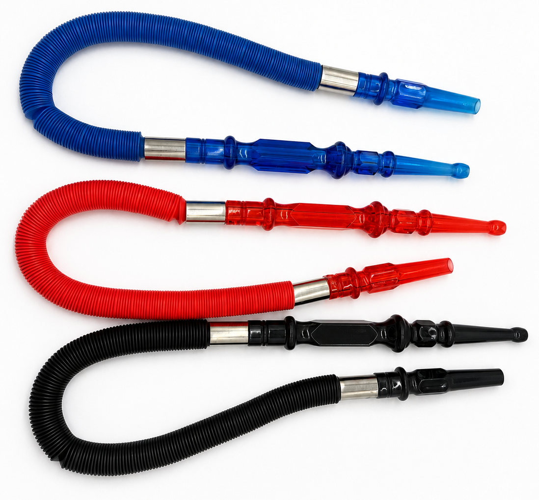 Three disposable hookah hoses in blue, red, and black on white background