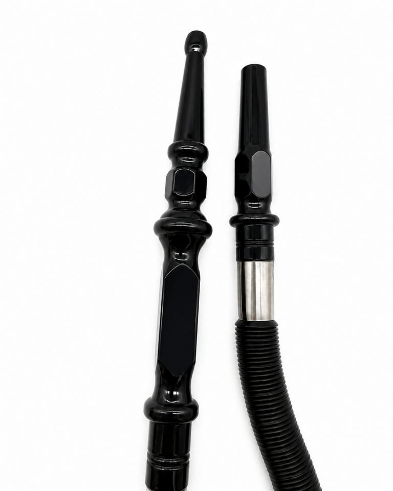 Black disposable hookah hose detail with acrylic-style mouthpiece