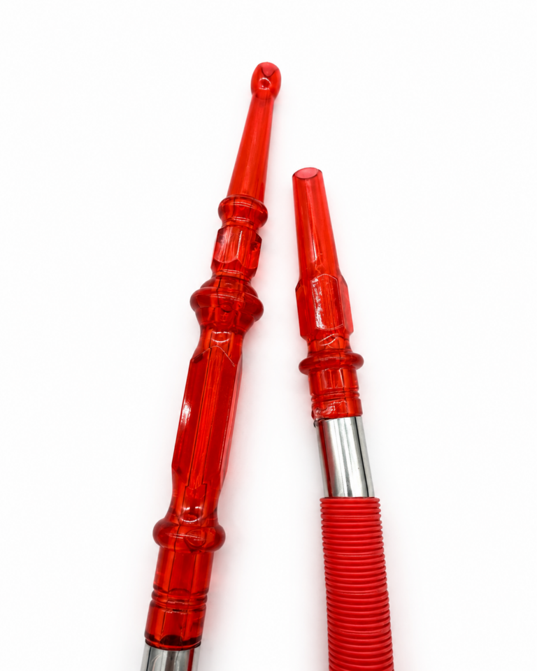 Red disposable hookah hose detail with acrylic-style mouthpiece