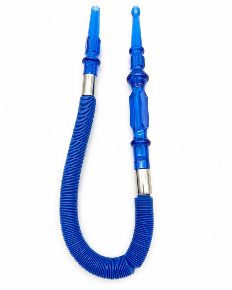Blue disposable hookah hose with acrylic-style mouthpiece and metal sleeve