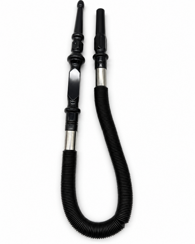 Black disposable hookah hose with acrylic-style mouthpiece and metal sleeve