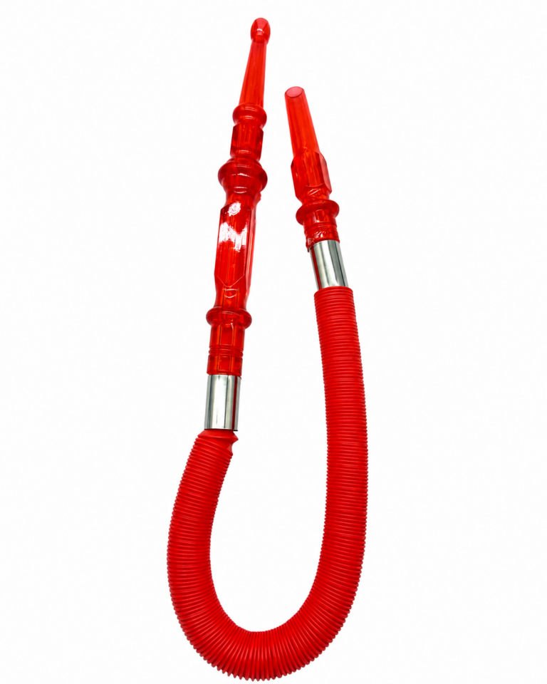 Red disposable hookah hose with acrylic-style mouthpiece and metal sleeve