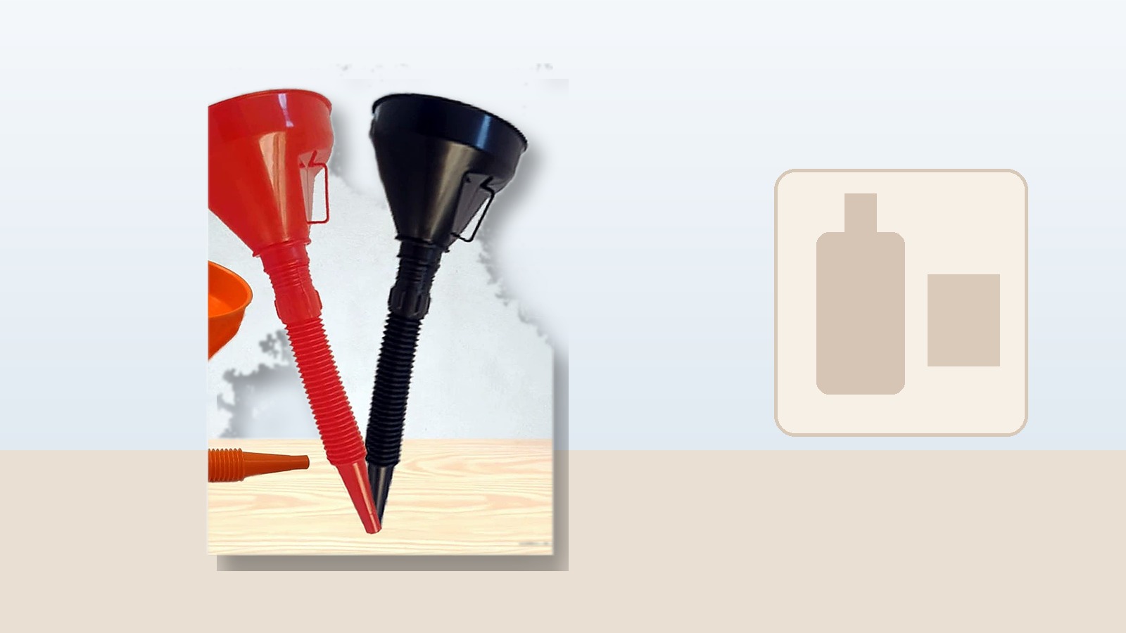 Plastic fuel funnel with flexible spout shown for liquid filling and transfer use