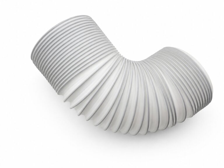 White PP steel wire flexible duct hose in curved bend view