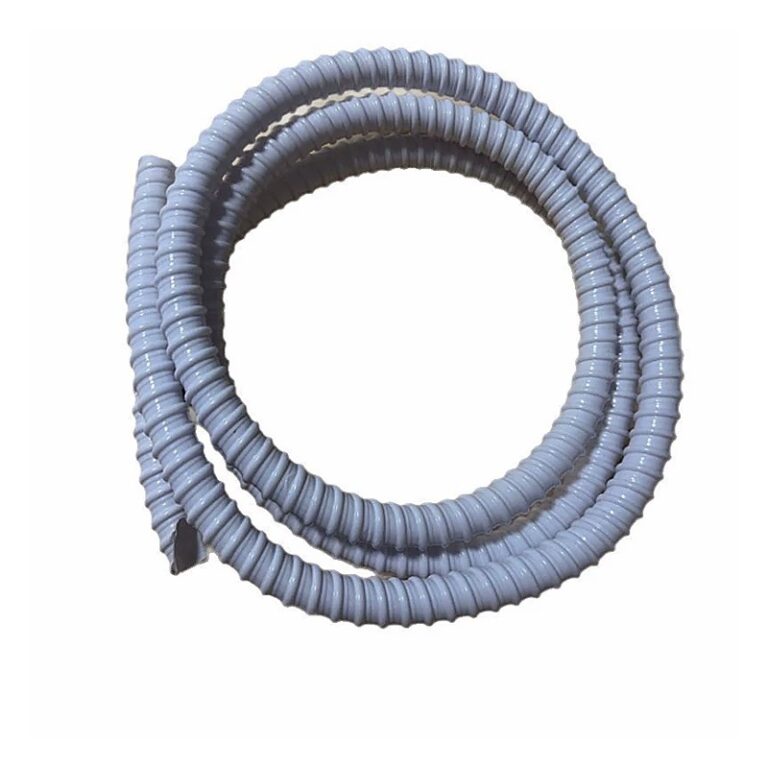 PVC reinforced spiral drain hose coiled on white background