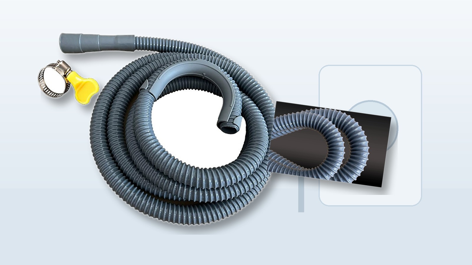 PVC washing machine drain extension hose shown for laundry drain line extension