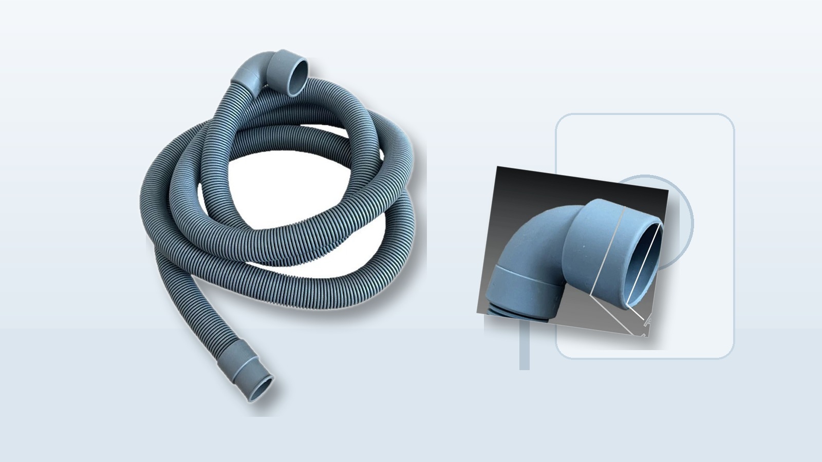 Thickened elbow drain hose shown for appliance drain outlet routing