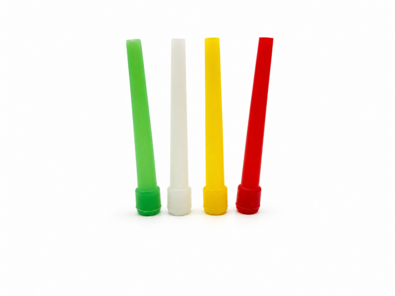 Upright lineup of red yellow green and frosted white jumbo inside-fitting hookah mouth tips